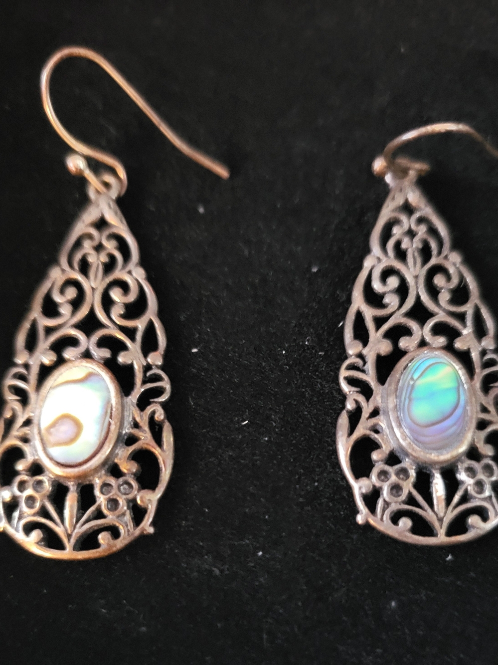 Vintage Boho, Art Deco, Delicate Filigree 925 Abalone Drop Earrings - Iridescent - Picture 2 of 5